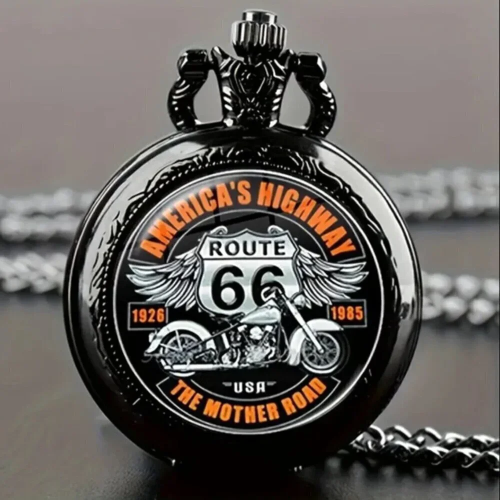 Steampunk Pocket Watch Motorcycle RT 66 Biker Chain Quartz Analog Gift NWT Black